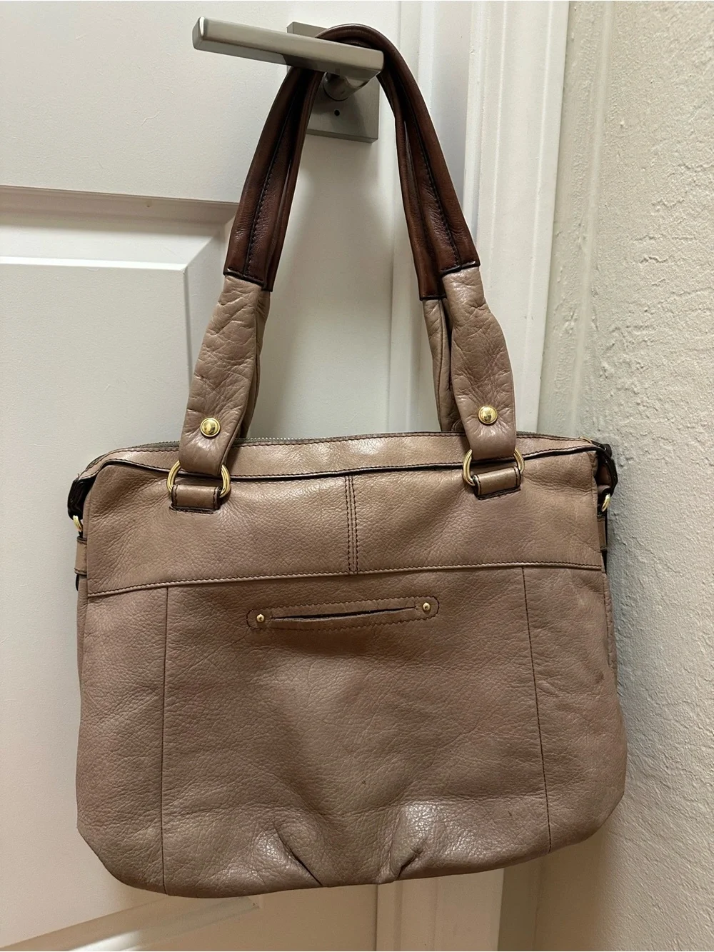 b. makowsky Vintage Taupe and Brown Leather Shoulder Bag with Gold Hardware